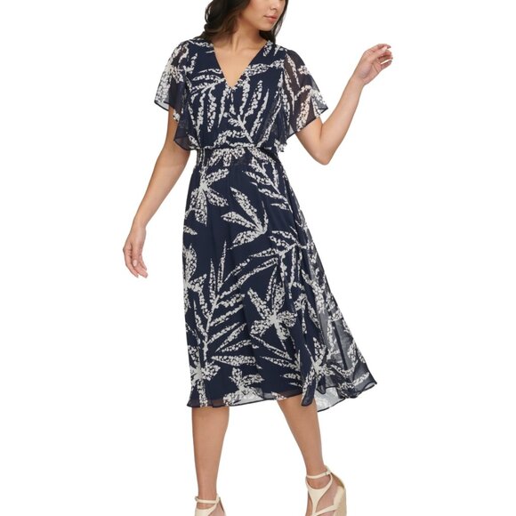 DKNY Printed Chiffon Flutter-Sleeve Midi Dress | Navy/Ivory | NWT | Size 6 - Picture 5 of 7